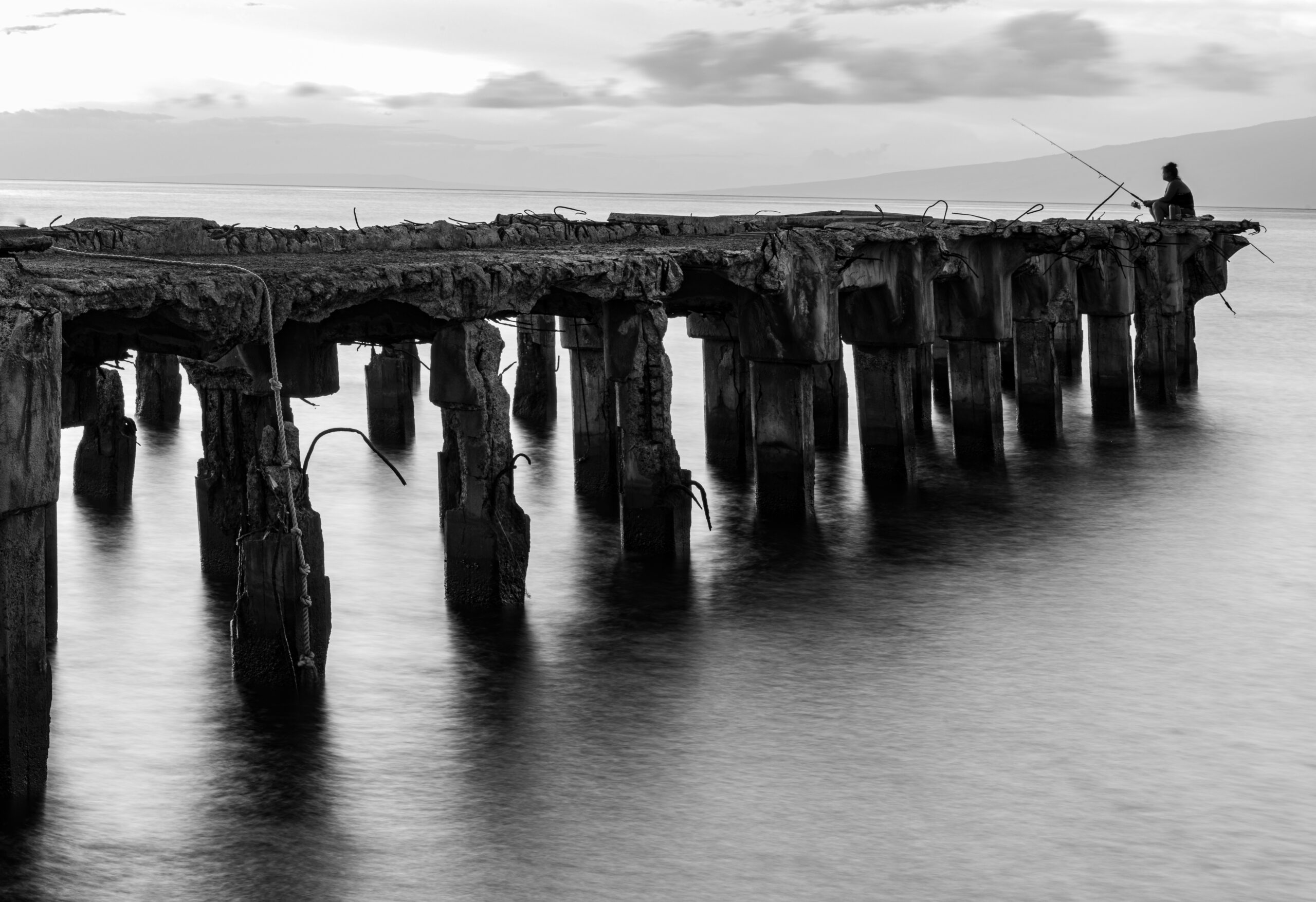 "Monochrome Pier Fishing" Glossy Print